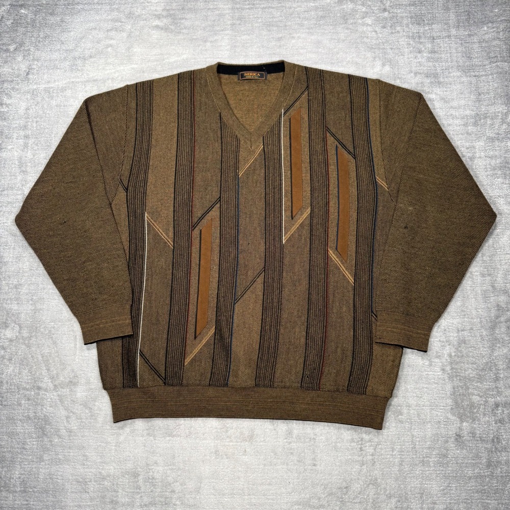 Serica Sweater Mens XL Brown Merino Wool Alcantara Patch Made In Italy Grandpa